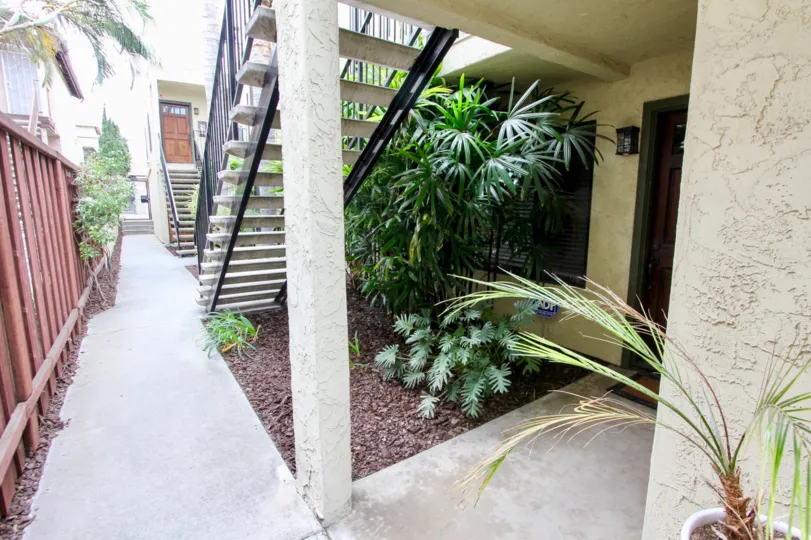 Narrow passage way with opposite sides staircase in Oregon Street.