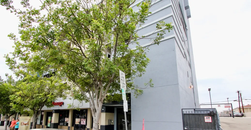 Palisade Gardens ,: North Park,California,trees, grey building