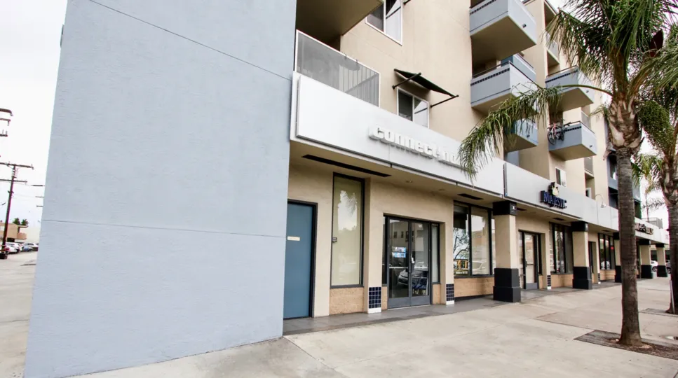 A view of a sidewalk in the contemporary community of Palisade Gardens in North Park, California.