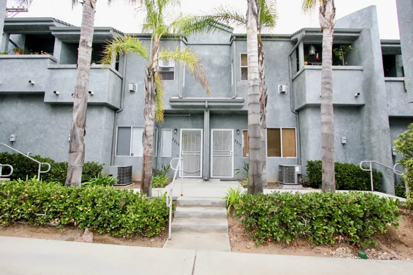 Four palm trees sits on the side of a walkway of gray concrete condo building in the Phoenix III condos.