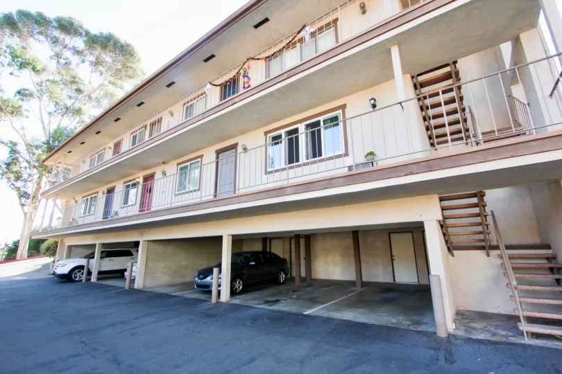 Three story residential building with attached stairways at Robinson Street in North Park California