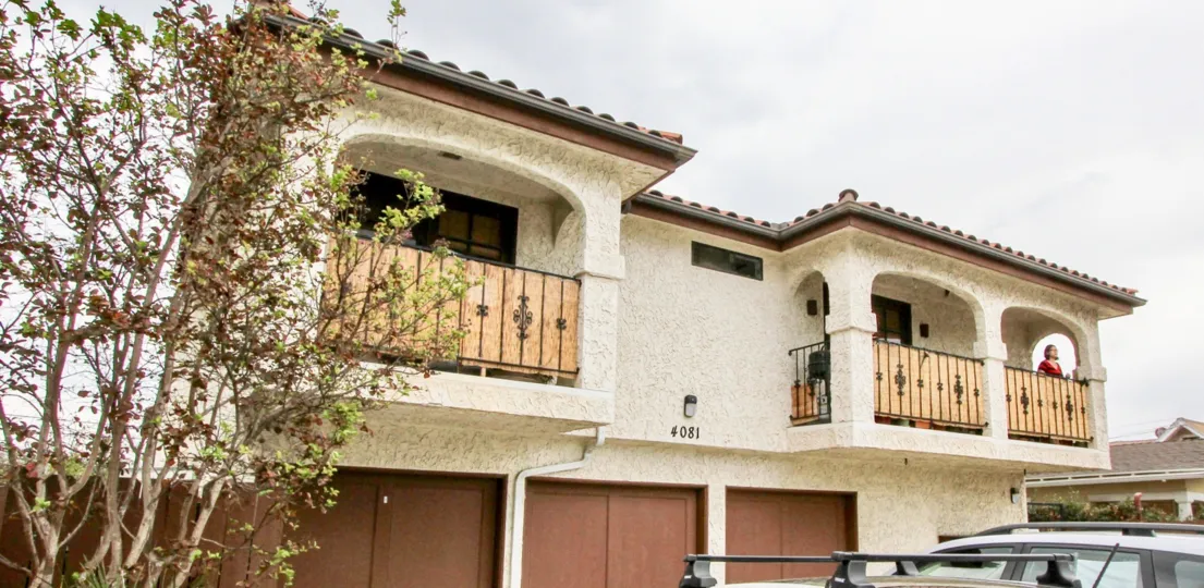 Beautiful balconies located above single car garages at the Rosalind Gardens of North Park, California.
