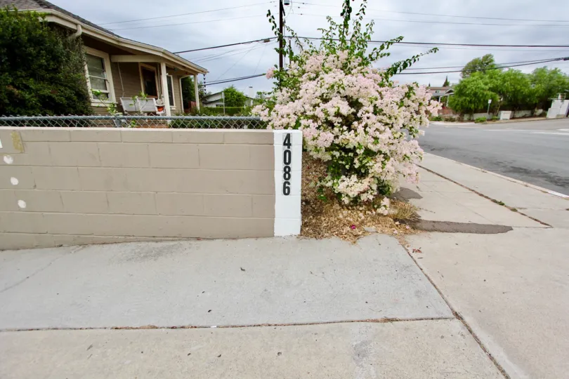 Security wall near flowers and residence at Sunburst Court in North Park California