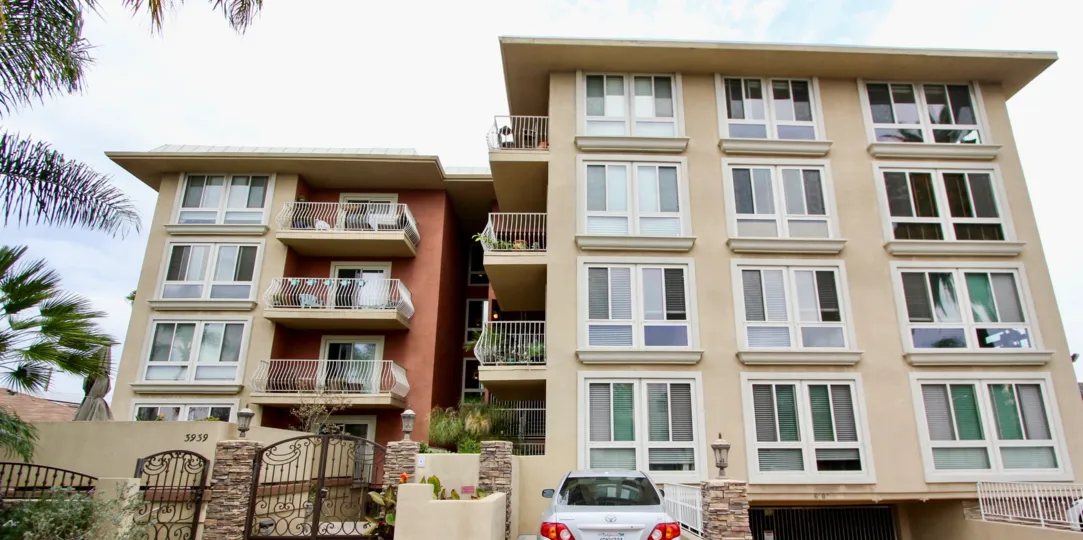 Front of apartment building at Sunset Villas in North Park, California