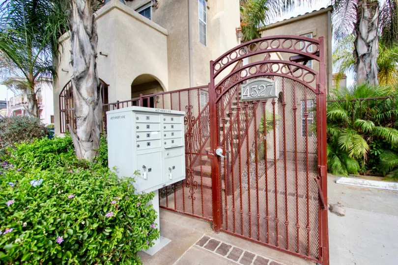 The private entrance and community mailboxes at the Swift Park condo complex.