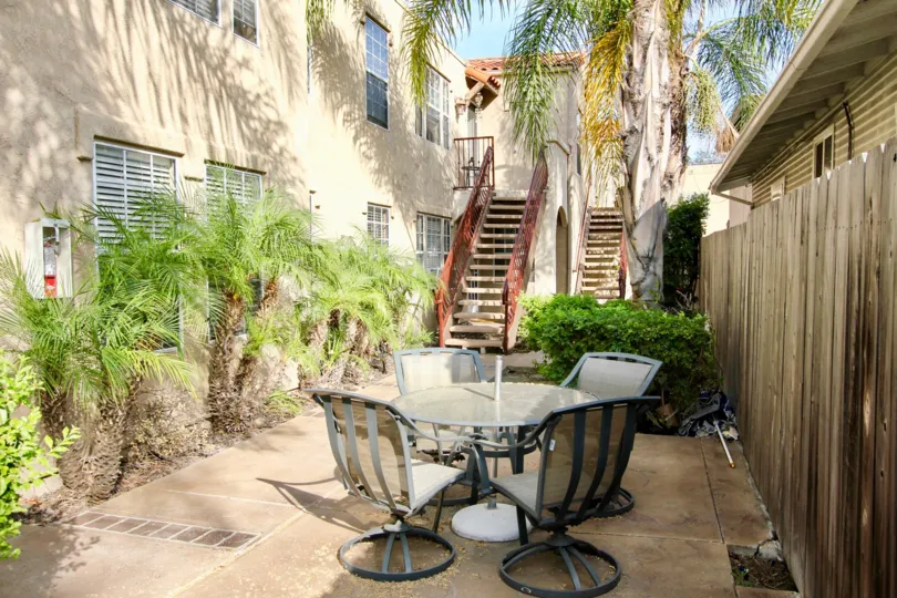 Patio with seating near residence at Swift Park in North Park California