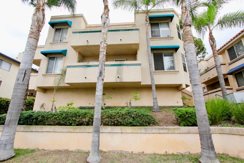 Three story residential buildings surrounded by palm trees at Villa Del Rio in North Park California