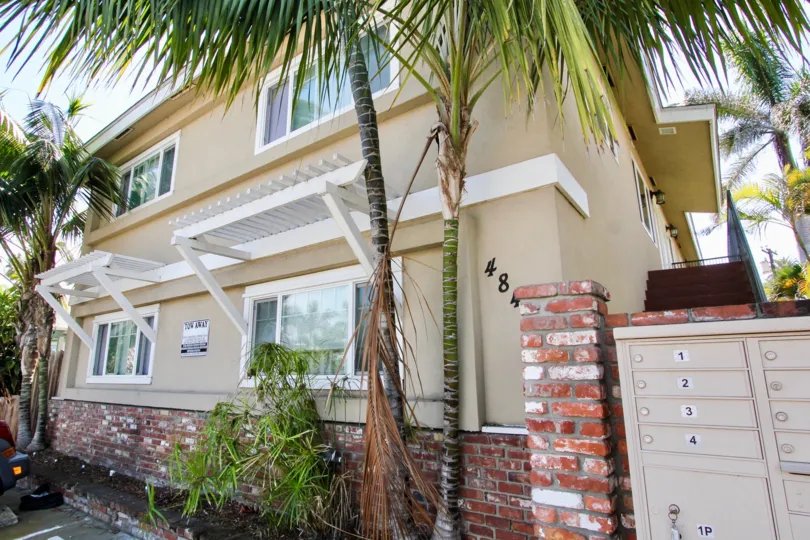 Good sized palm trees, wooden pergola style awnings and community mailbox in Ocean Beach