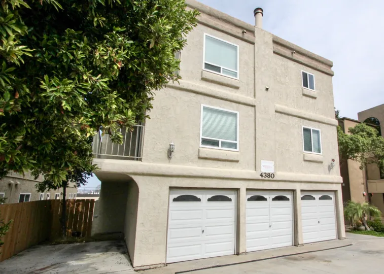Attached garages at Brittany Hill in Ocean Beach, California.