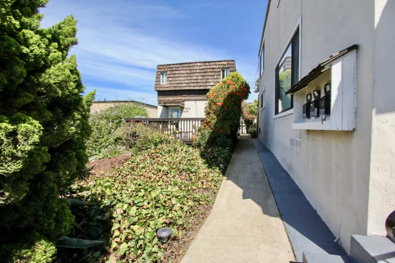 A sidewalk with a bush behind a building in Narragansett Villas
