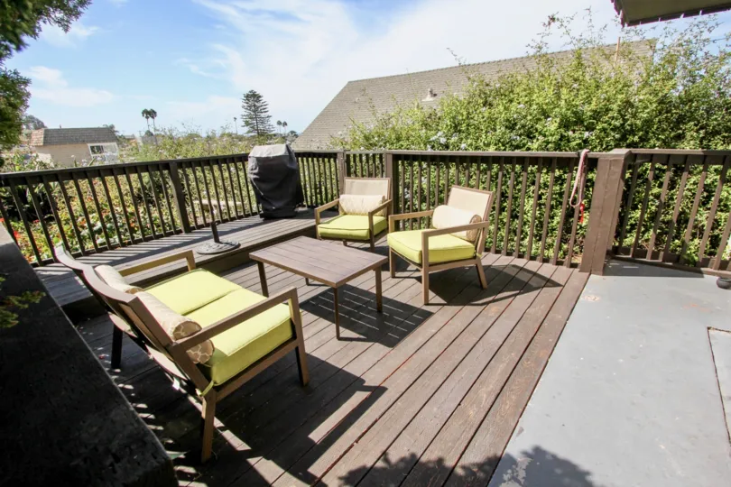 The sun glazes a patio in the Narragansett Villas community in Ocean Beach, CA.