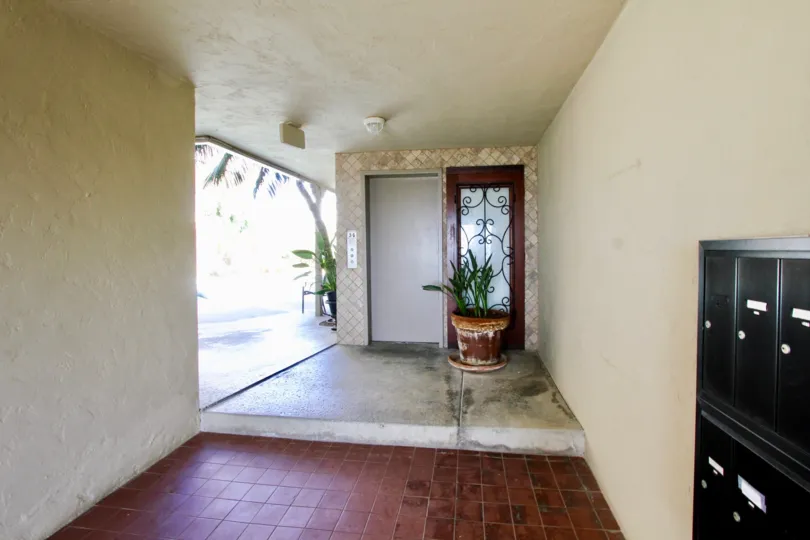 Postal box is attached to the wall and flower pot is present at the entrance