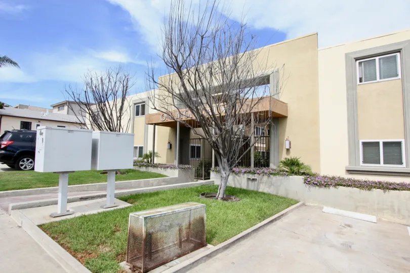 On Montalvo Apartments in Ocean Beach, California, Front View with Driveways