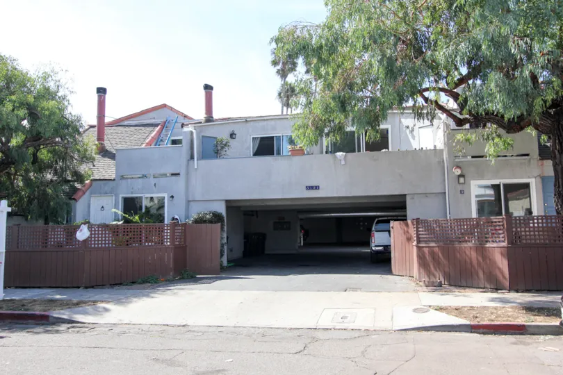 Parking garage underneath second story units at Park Regent in Ocean Beach, CA
