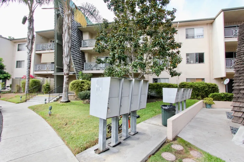 The stylish balconies and modern exterior at the Point Loma Villas in Ocean Beach