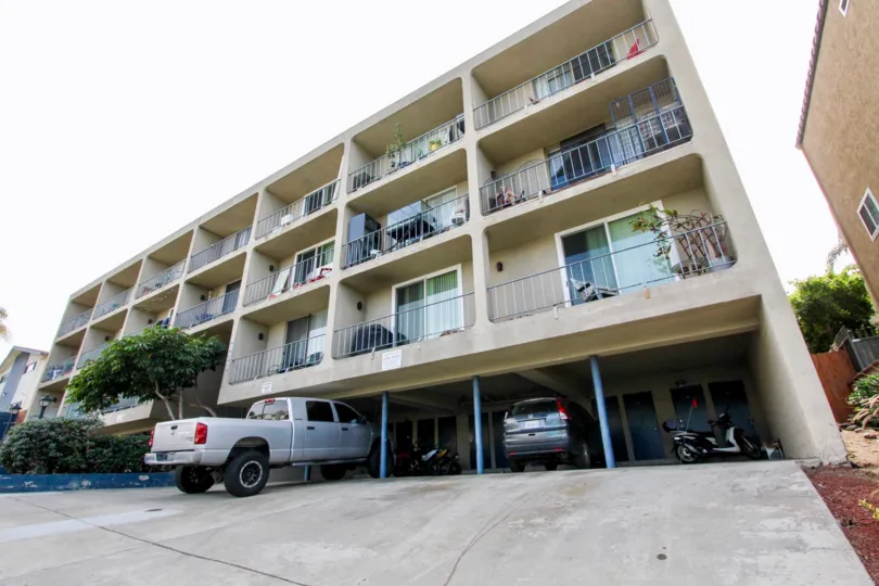 A three story residential building with built in parking in Sans Soucia at Ocean Beach CA