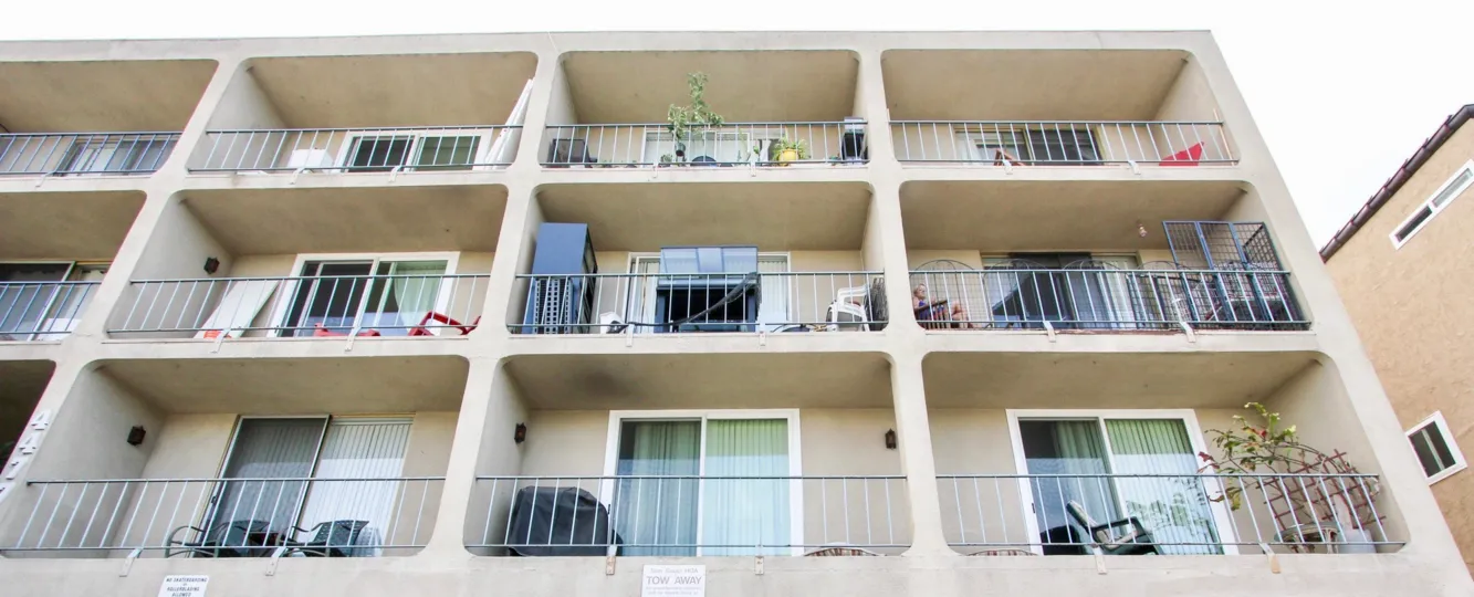 Private balconies at Sans Souc in Ocean Beach, California.
