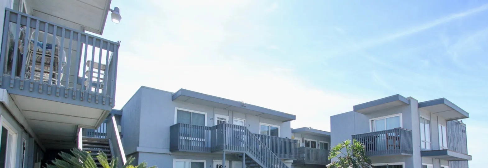 Private balconies at Spray in Ocean Beach, California.
