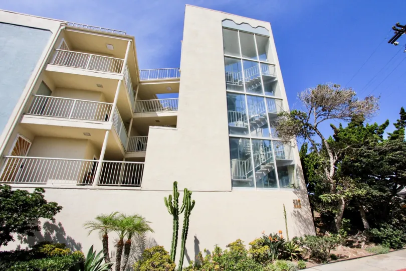 The stairways and desert landscaping at the three-story Sunset Towers in Ocean Beach, California
