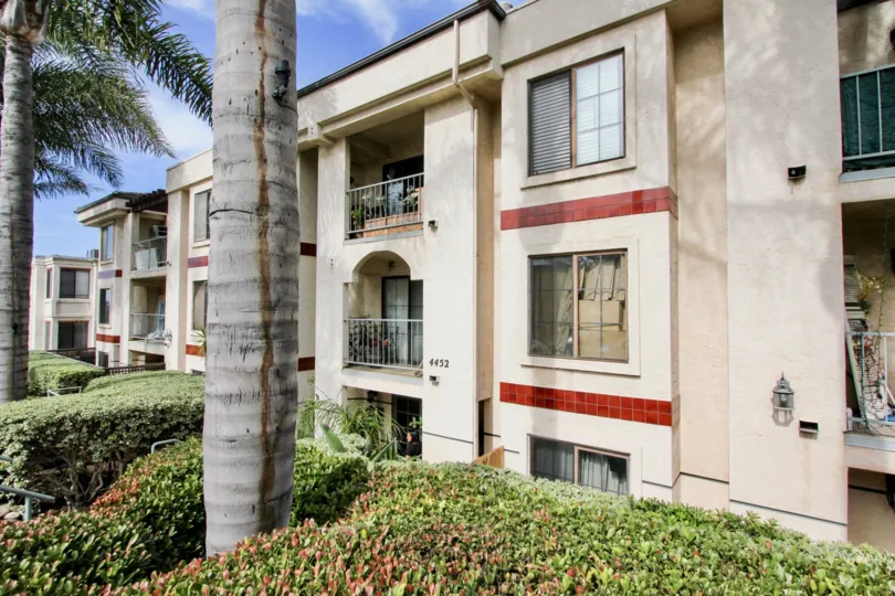 Blue skies and sunshine in front of Sunset Views with shrubbery and several palm trees.