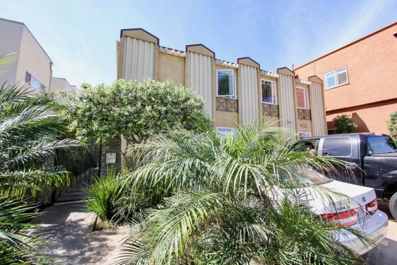 a view of a house in a sunny day with a palm tree in front of it and a couple of cars