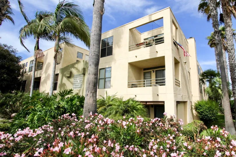 Three story beige building sitting behind pink flowers in the Vantage Point at Ocean Beach CA