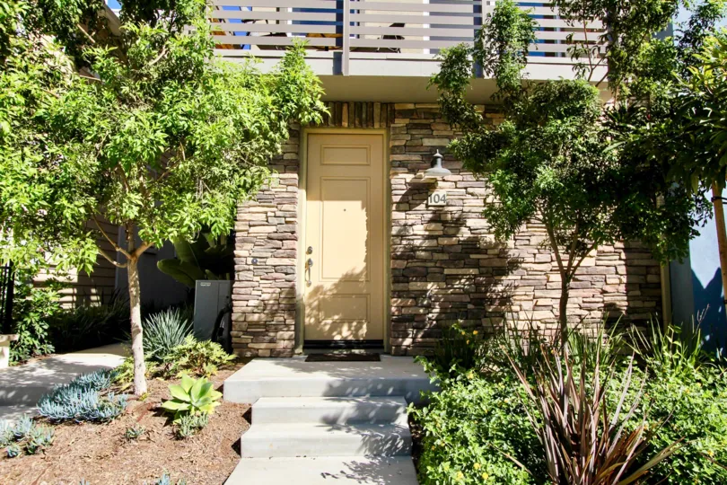 Cleveland Street 8 Townhomes, Oceanside, California, cream door, garden