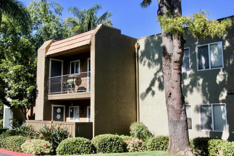A sunny day in the area of La Estancia, patio, table, tree, outside, bushes. condo