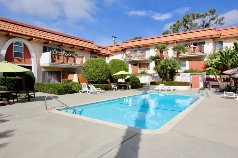 The poolside view of the La Montana complex located in Oceanside CA.