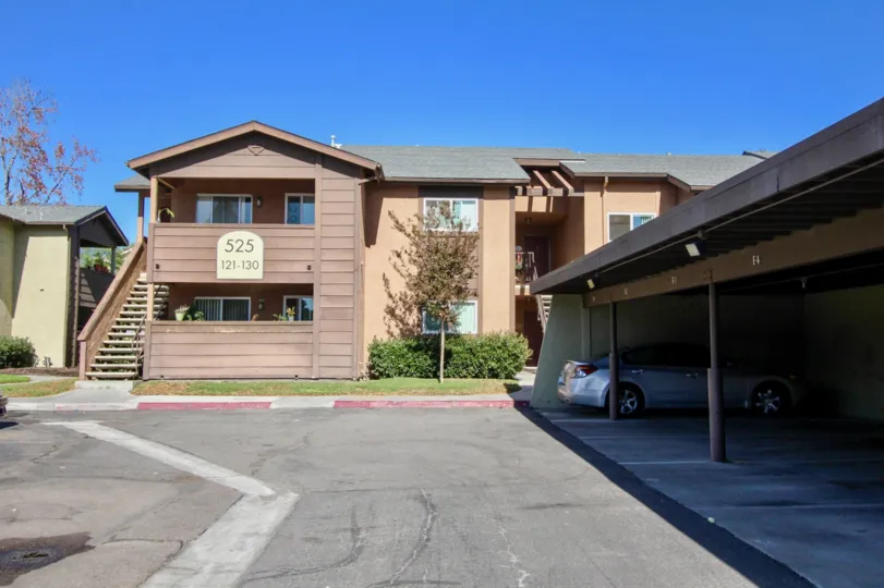 Covered parking area in front of a unit at Lakeshore Villas in Oceanside, CA