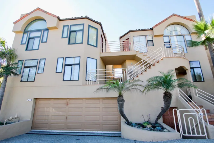 The garage view of a Las Olas apartment building in Oceanside CA.