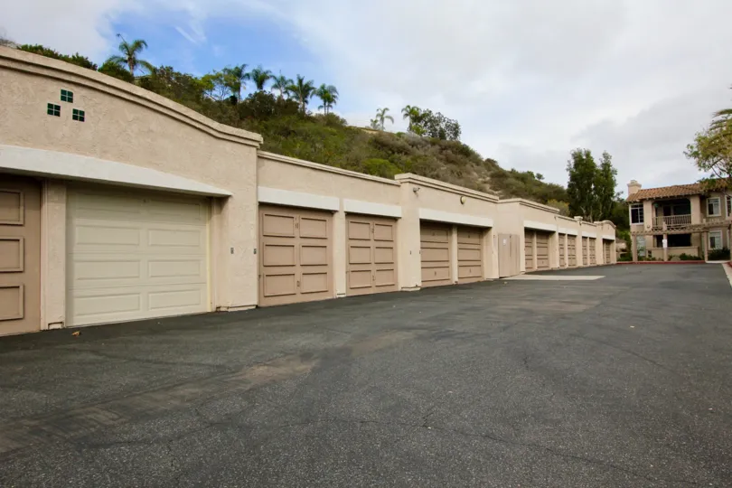 View of the garages and storage units at Lomas De Oro in Oceanside, California