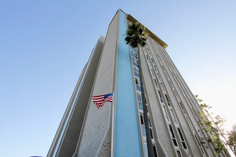 Tower building with USA flag and nice architecture in Marina Towers.