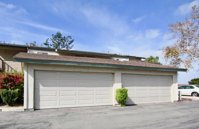 beautiful large white 2 car garage and beautiful sunny view.