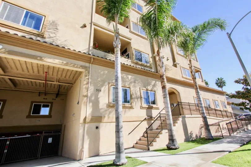Entry staircases with palm trees and sidewalk at Nevada Manor on a sunny day in Oceanside, California