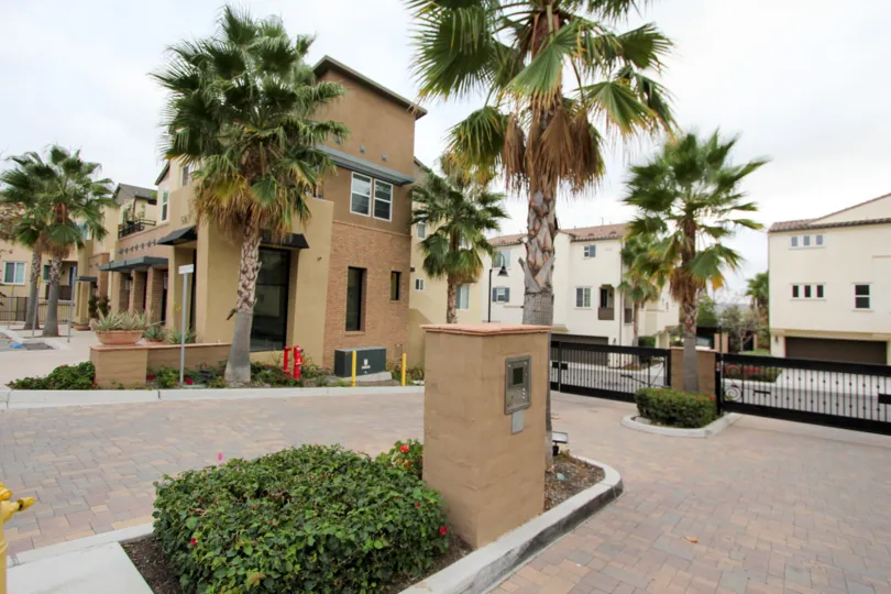 The western architecture in this building is highlighted with beautiful palm trees, Oceanside, California