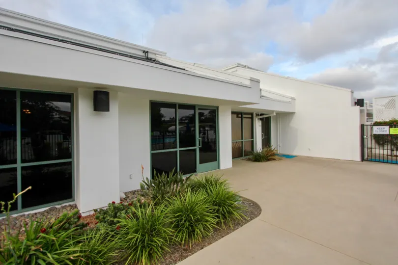 This sleek and modern entrance highlights the beauty of this building in Oceanside, California