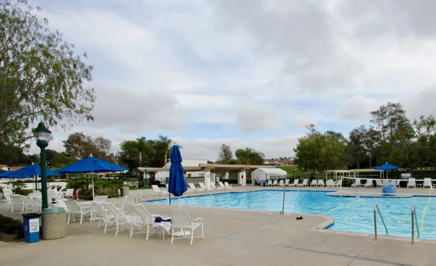 An empty community pool in Ocean Hills Country Club.