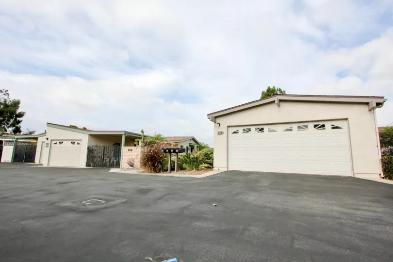 View of the garages and mailboxes at Oceana Mission in Oceanside, California