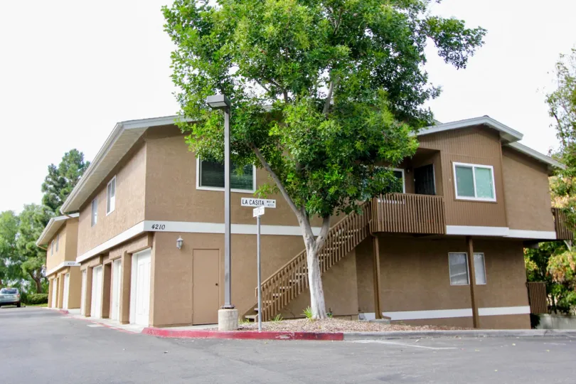 Large brown homes with huge windows and lots of green foliage.