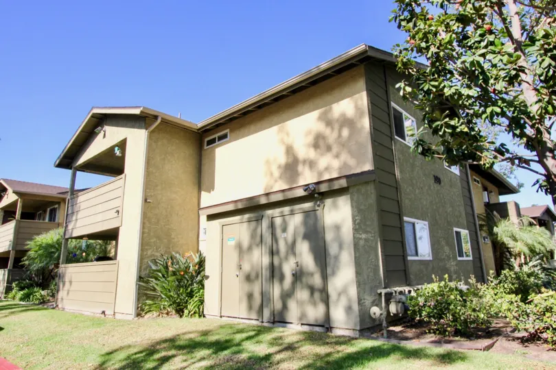 The sun shines on a building in the River Trail community.