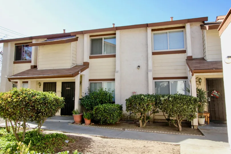 Private entryways at Riverview Townhomes in Oceanside, California.