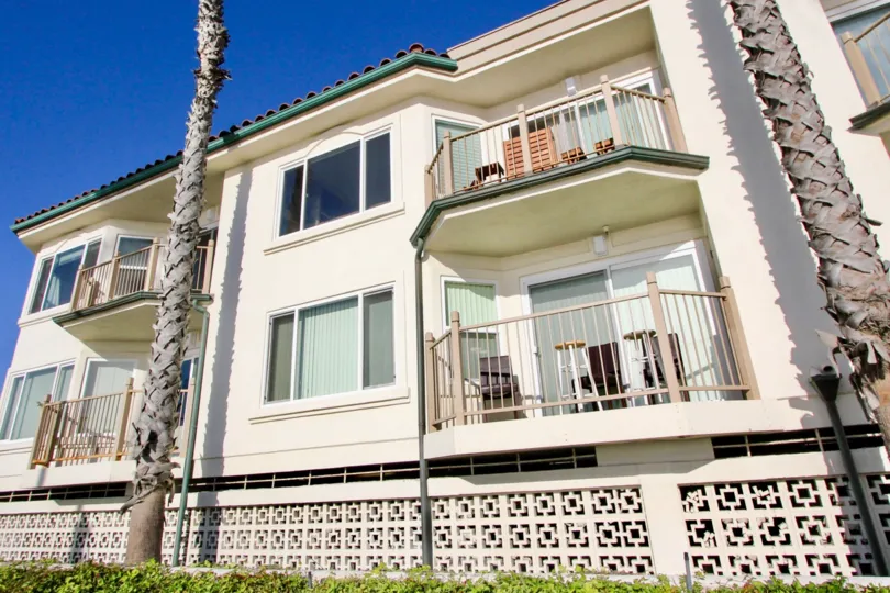 Blue sky surrounds the balconies outside the San Miguel Community in Oceanside, California
