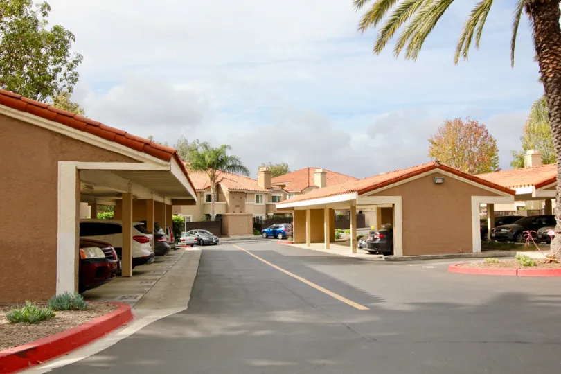 A carport full of cars sits near the residential building at The Bluffs