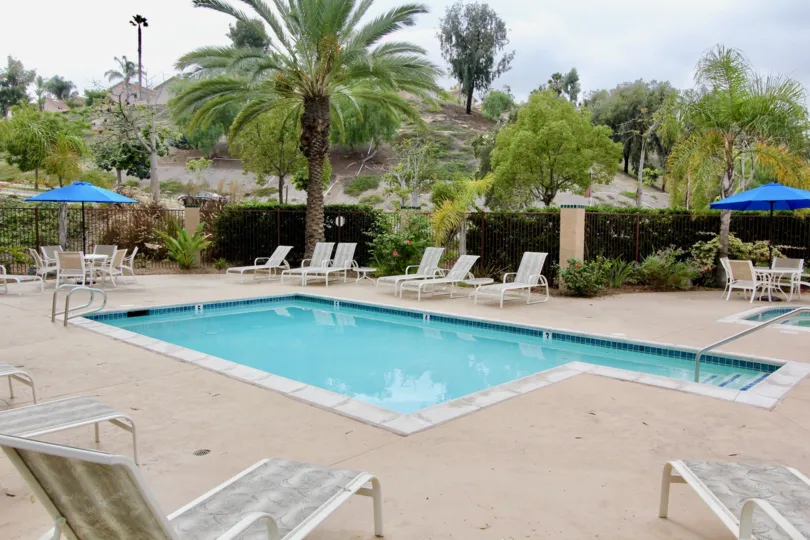 THE MOUNTAIN IN THE BLUFFS WITH SWIMMING POOL, TABLES, CHAIRS, TREES.