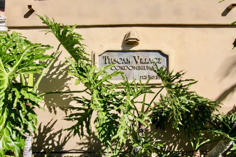 The address marker for Tuscan Village Condos in Oceanside, CA.