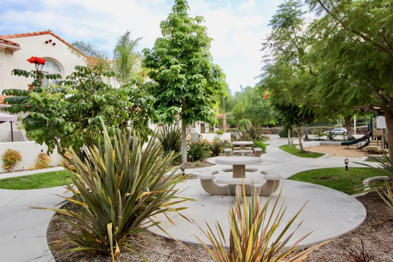 A park with playing aminities and plants in Villas at Mission Point.