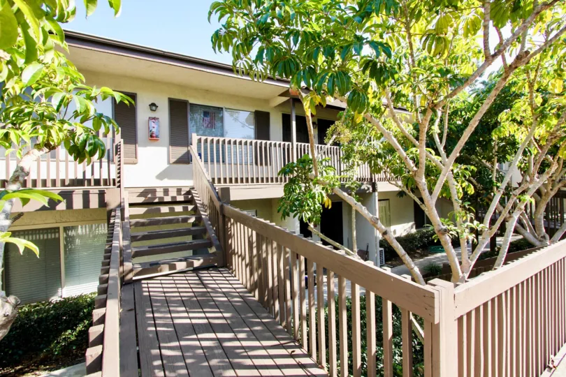 Shady deck at Vine Villas in Oceanside, California.