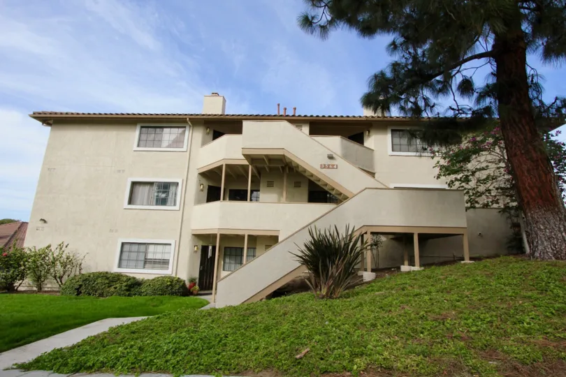 An apartment complex with a huge tree in front in Vista Way Village