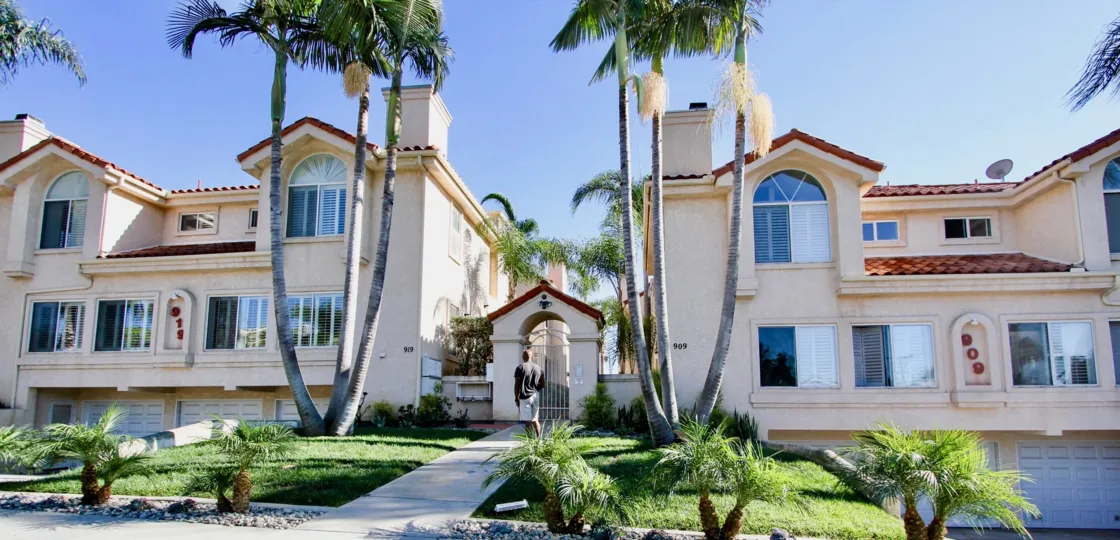Spacious and stately villas with tiled sloping roof and gothic windows at Agate Manor, Pacific Beach, California